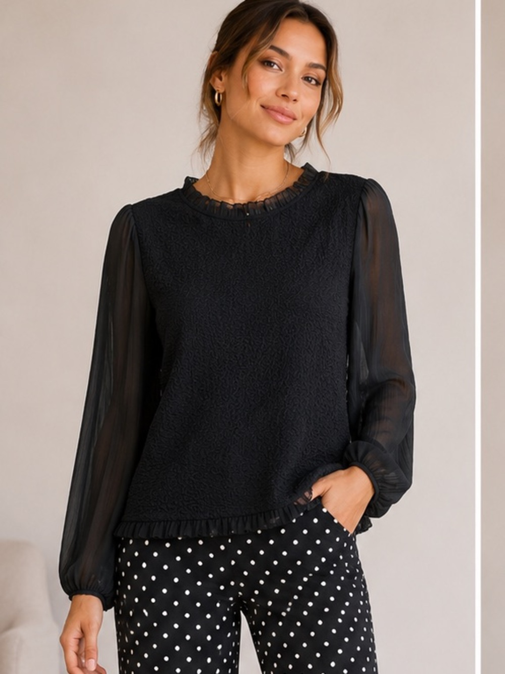 Cupio Black Sheer-Sleeve Top with Ruffle Lace Trim Neck & Waist